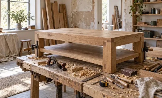 Établi en bois observé pendant une étape de travail
